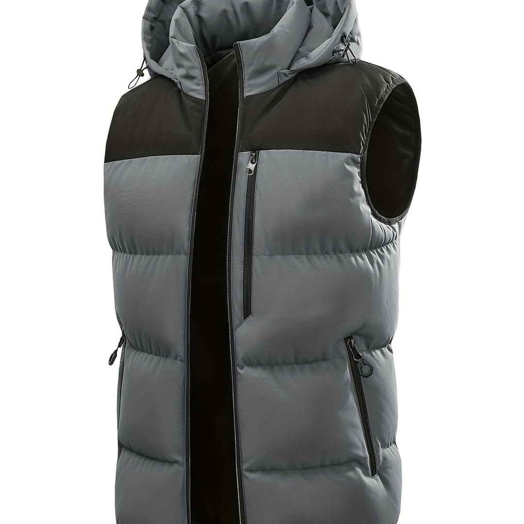 Casual Herren Steppweste mit Kapuze, zweifarbiges Design. Perfekt für Freizeit, Outdoor und urbane Looks.