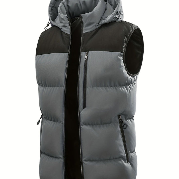 Casual Herren Steppweste mit Kapuze, zweifarbiges Design. Perfekt für Freizeit, Outdoor und urbane Looks.