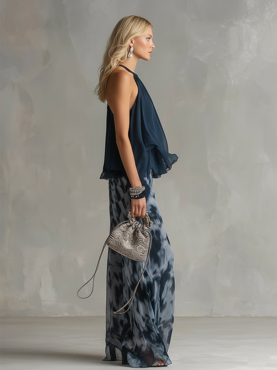 Eleganter Zweiteiler für Damen in Marineblau: Rollkragenpullover und weite Marlenehose. Perfekt für vielseitige Anlässe.
