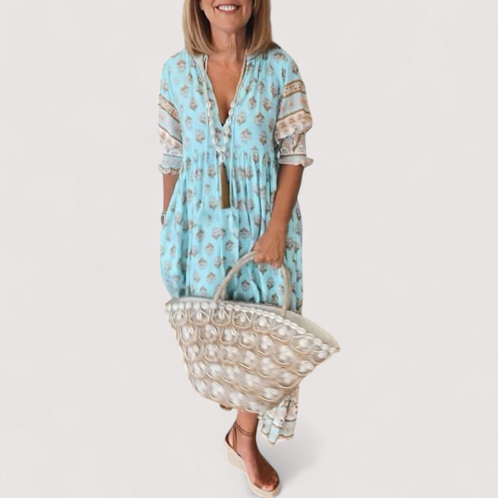 Elegantes blaues Damen V-Ausschnitt Kurzarmkleid. Knielang und figurbetont für stilvolle Auftritte.