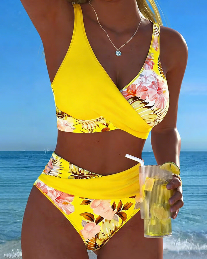 Modischer Damen Split Bikini, Jolina Blumenmuster, V-Ausschnitt, Bademode für den Strand.