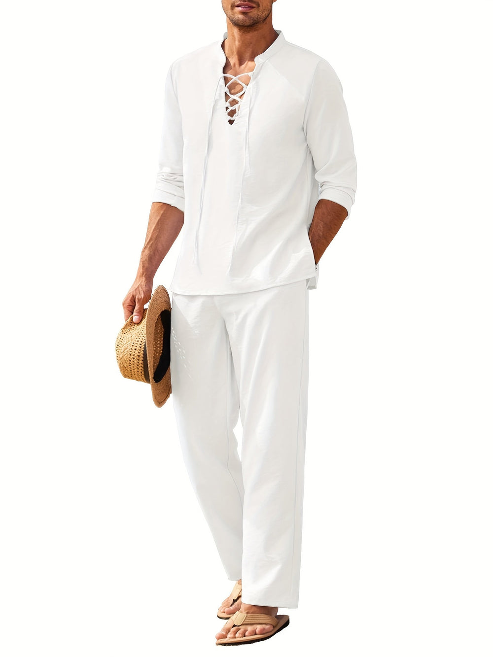 Stilvolles Herren Sommer Leinen Zweiteiler Set Milo, perfekt für elegante Freizeitoutfits und Strandurlaub.