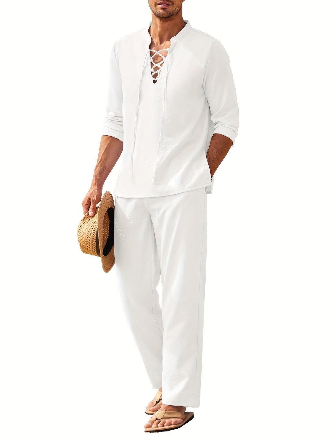 Stilvolles Herren Sommer Leinen Zweiteiler Set Milo, perfekt für elegante Freizeitoutfits und Strandurlaub.