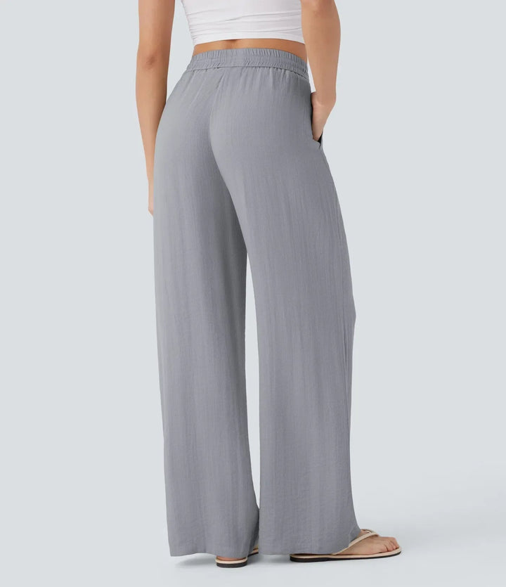Sommerhose für Damen: weites Bein, eleganter Look. Lockerpassform, Kordelzug. Ideal für Alltag.