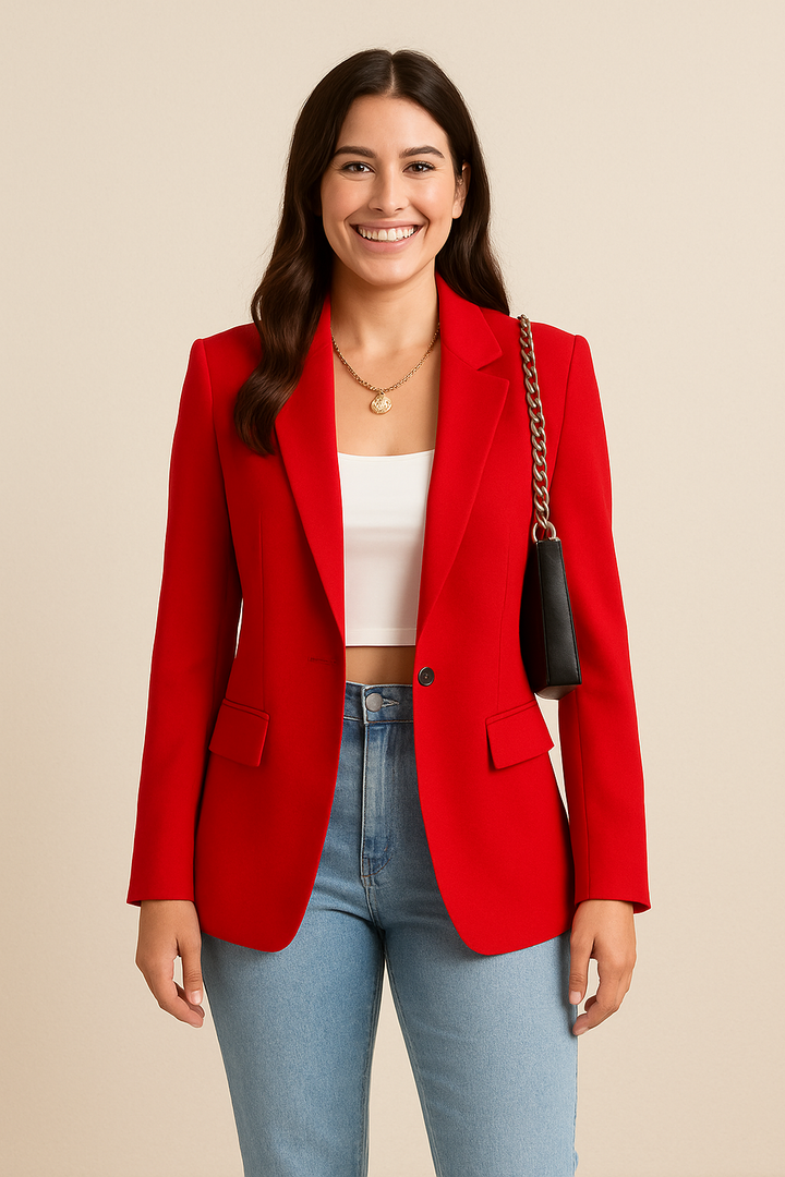 Detailansicht figurbetonter Damen Blazer. Hochwertiger Stoff, vielseitig einsetzbar & elegant.