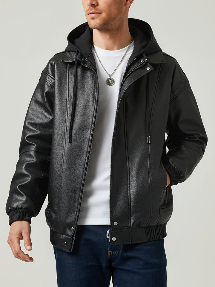 Glatte schwarze Herren Bomberjacke mit Kapuze, vielseitig für Freizeit und Herrenmode im Herbst.