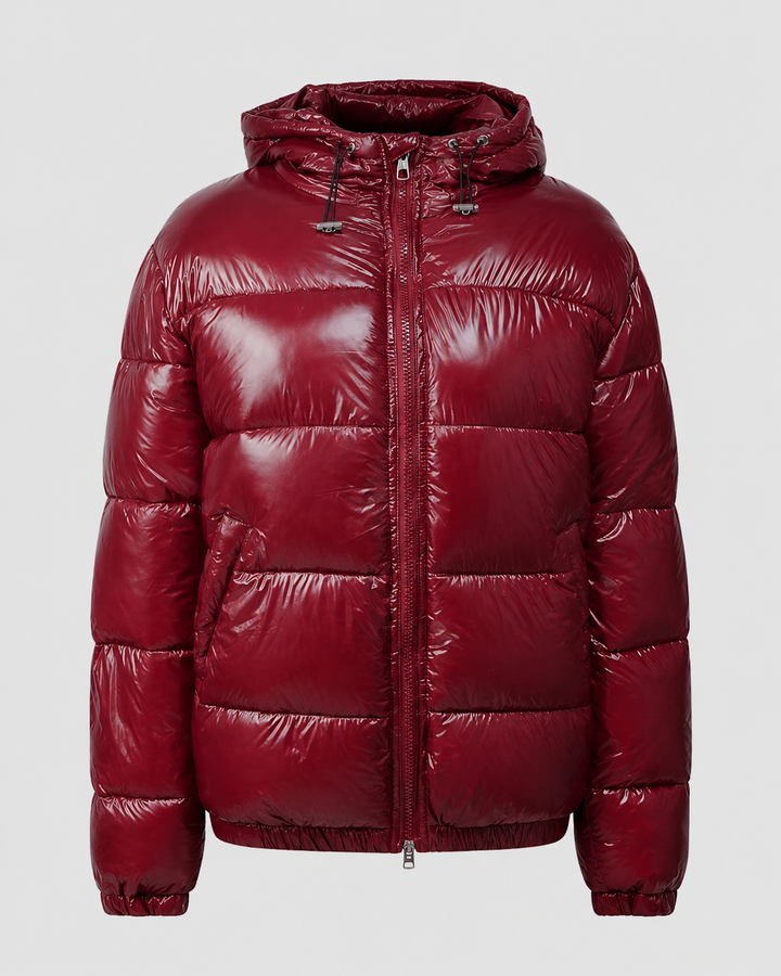 Taillierte Damen Steppjacke in Rot, modisch und warm, ideal für Freizeit und Kälteschutz im Winter.