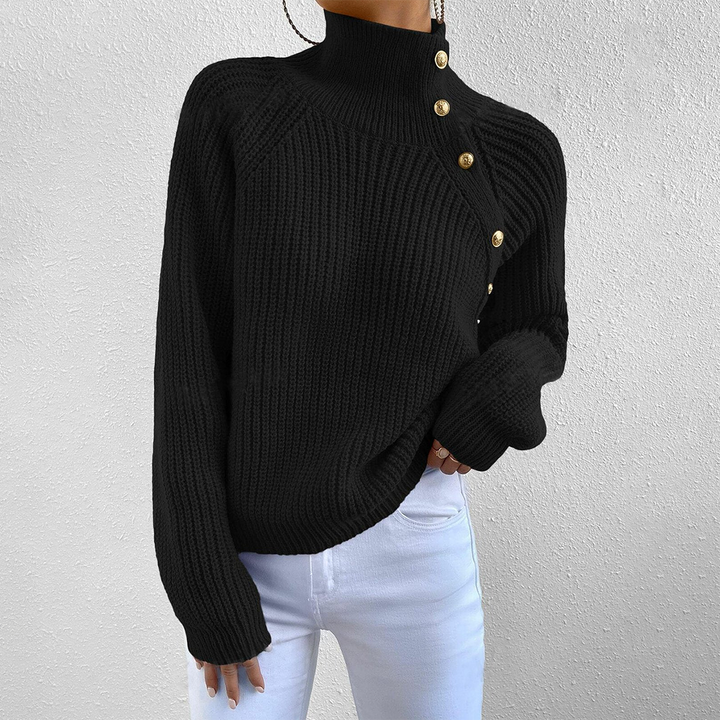 Eleganter schwarzer Damen Feinstrickpullover mit Stehkragen und Langarm für zeitlose Winteroutfits.