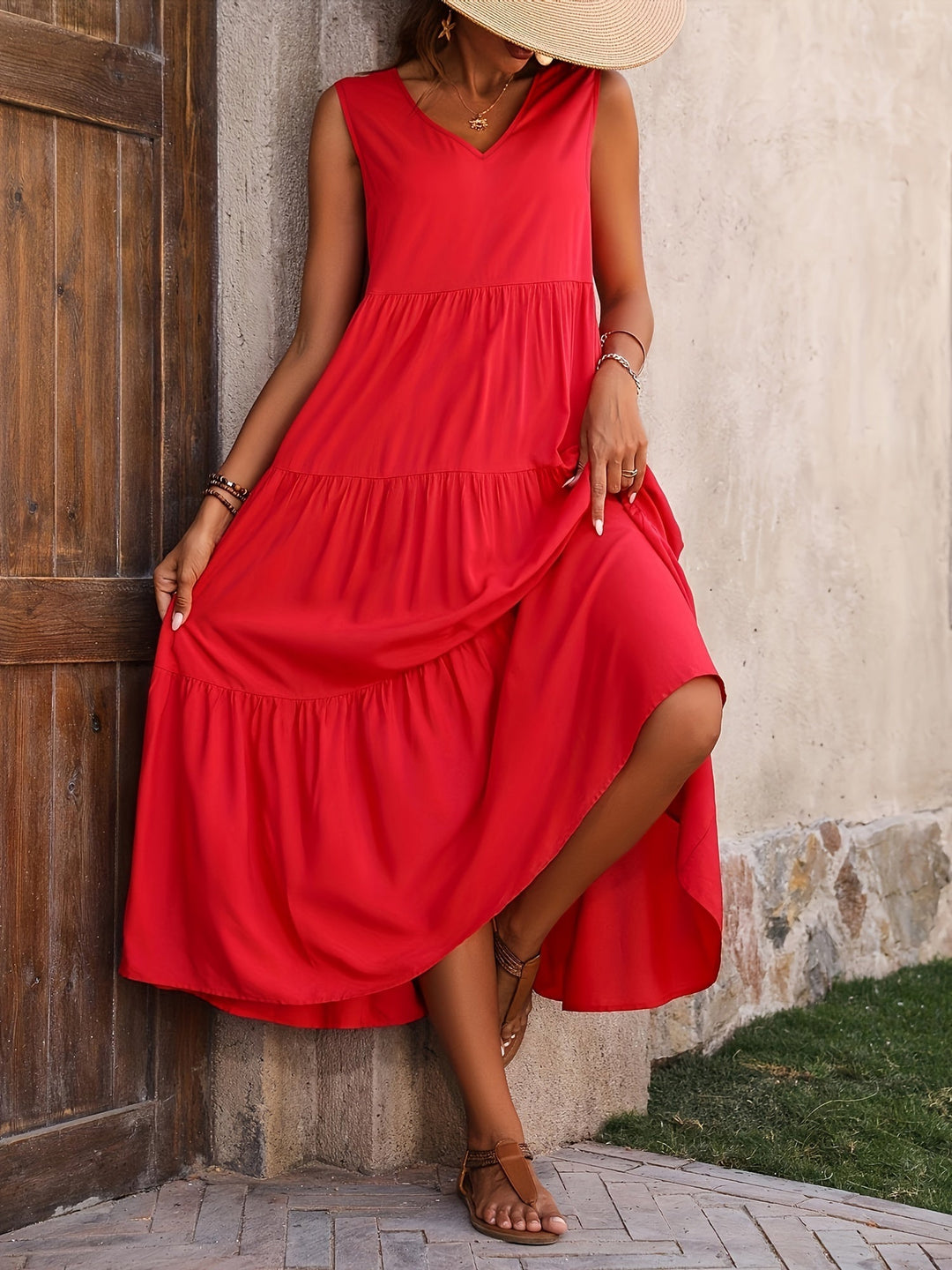 Elegantes Damen Sommer Maxikleid mit V-Ausschnitt, ärmellos, bequem für Freizeit & Urlaub.