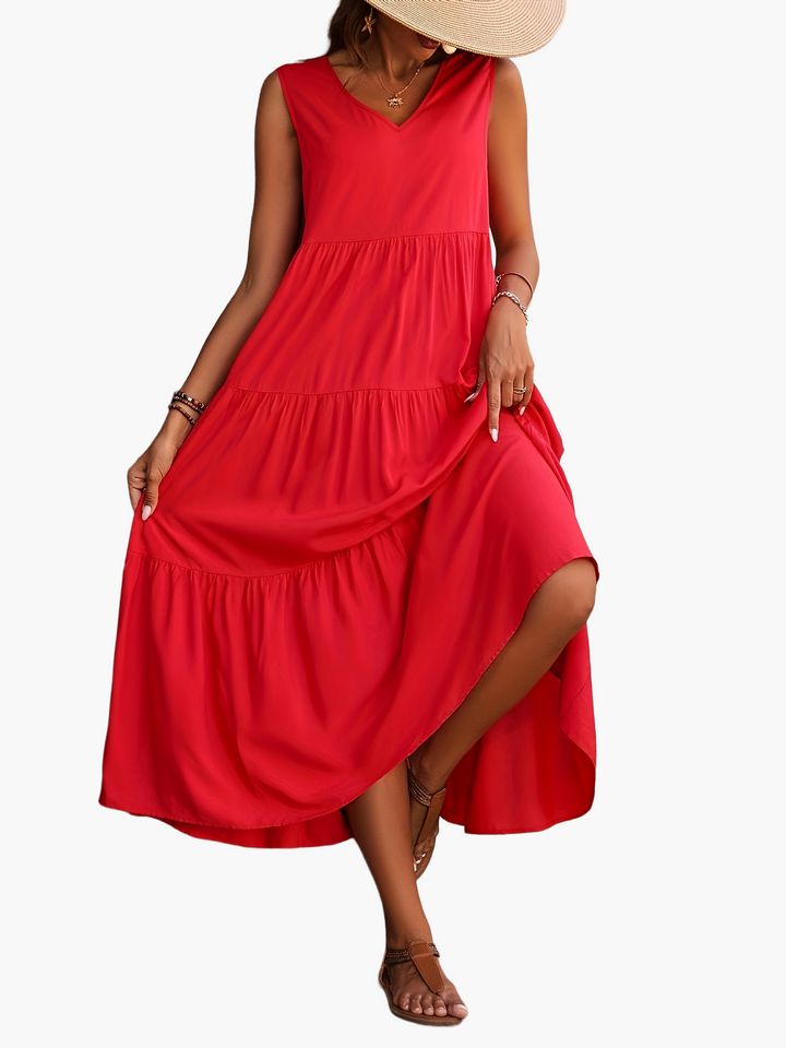 Komfortables Damen Maxikleid, ärmellos, V-Ausschnitt, perfekt als Sommerkleid oder elegantes Freizeitkleid.