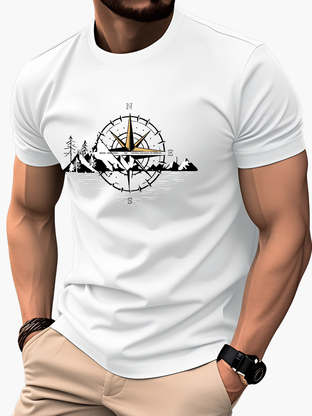 Frontansicht Herren T-Shirt mit Kompass-Bergmotiv, lässig getragen. Ideal für Freizeit, Outdoor & Abenteuer-Reisen.