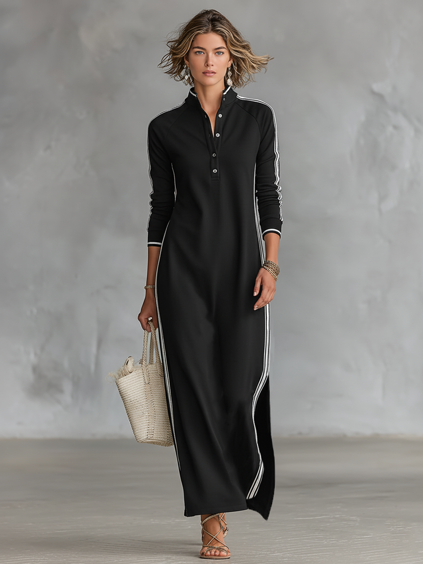 Damen Kragen Maxikleid mit Knöpfen und langen Ärmeln. Ein vielseitiges und elegantes Herbst- & Sommerkleid.