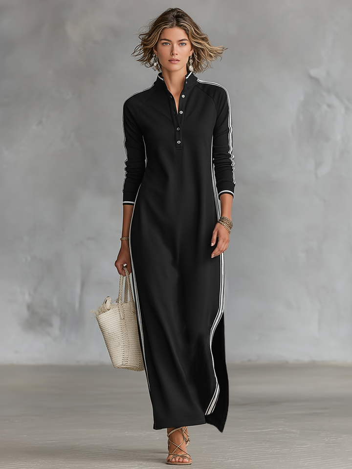 Damen Kragen Maxikleid mit Knöpfen und langen Ärmeln. Ein vielseitiges und elegantes Herbst- & Sommerkleid.