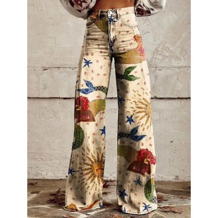 Vintage Damen-Schlaghose mit großem Blumenmuster, ein stylisches Statement-Piece für jede Jahreszeit.