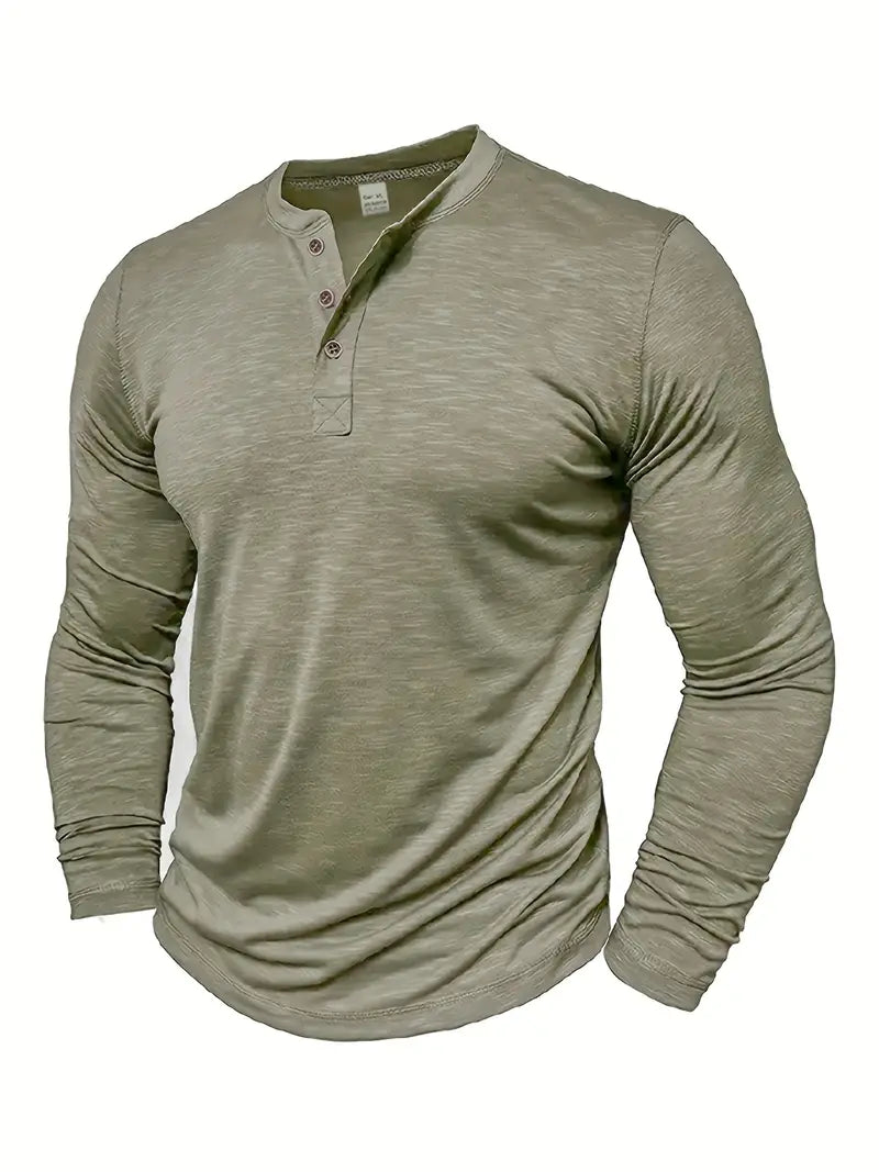Grünes Herren Langarm Henley T-Shirt, bequem und stilvoll für Freizeit.