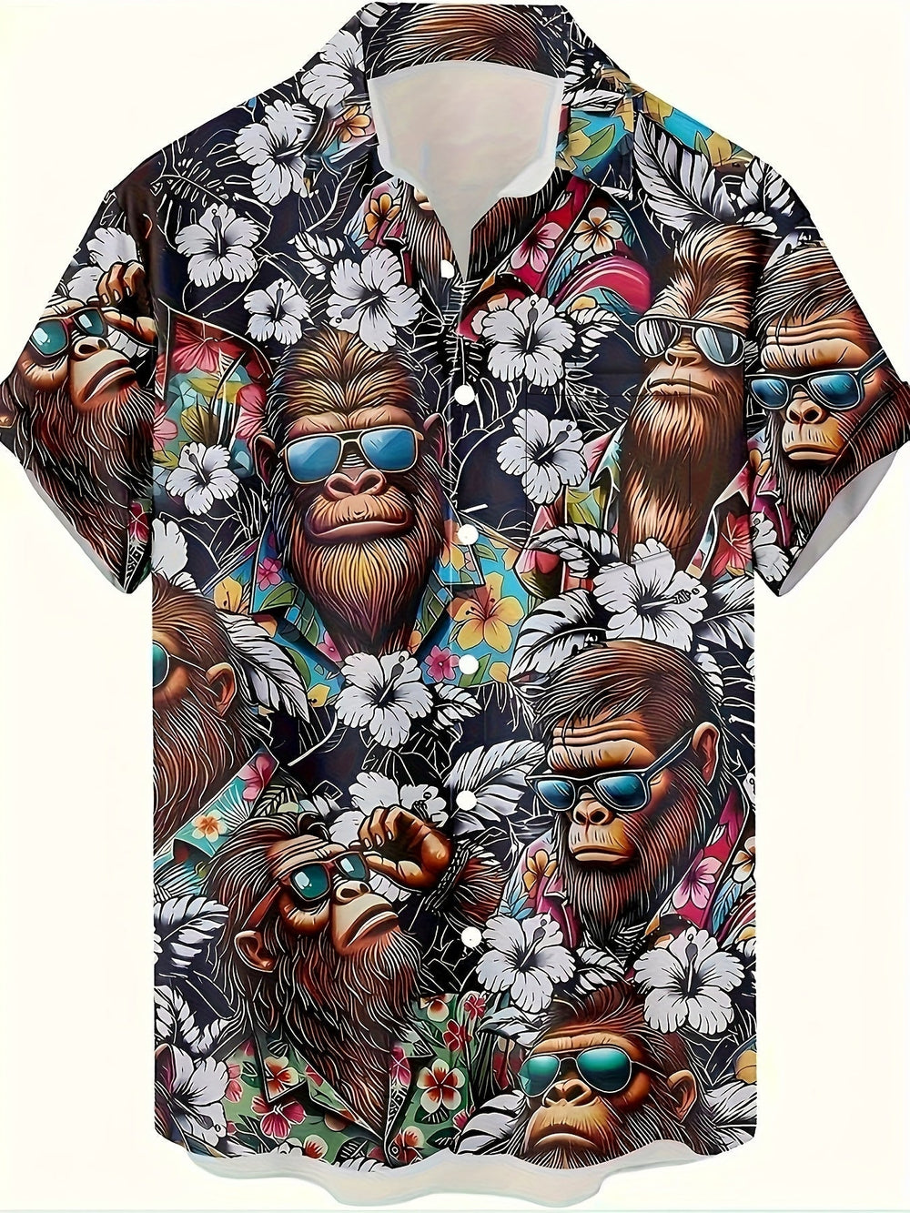 Kurzärmeliges Herren Freizeithemd mit auffälligem Gorilla & tropischem Muster.