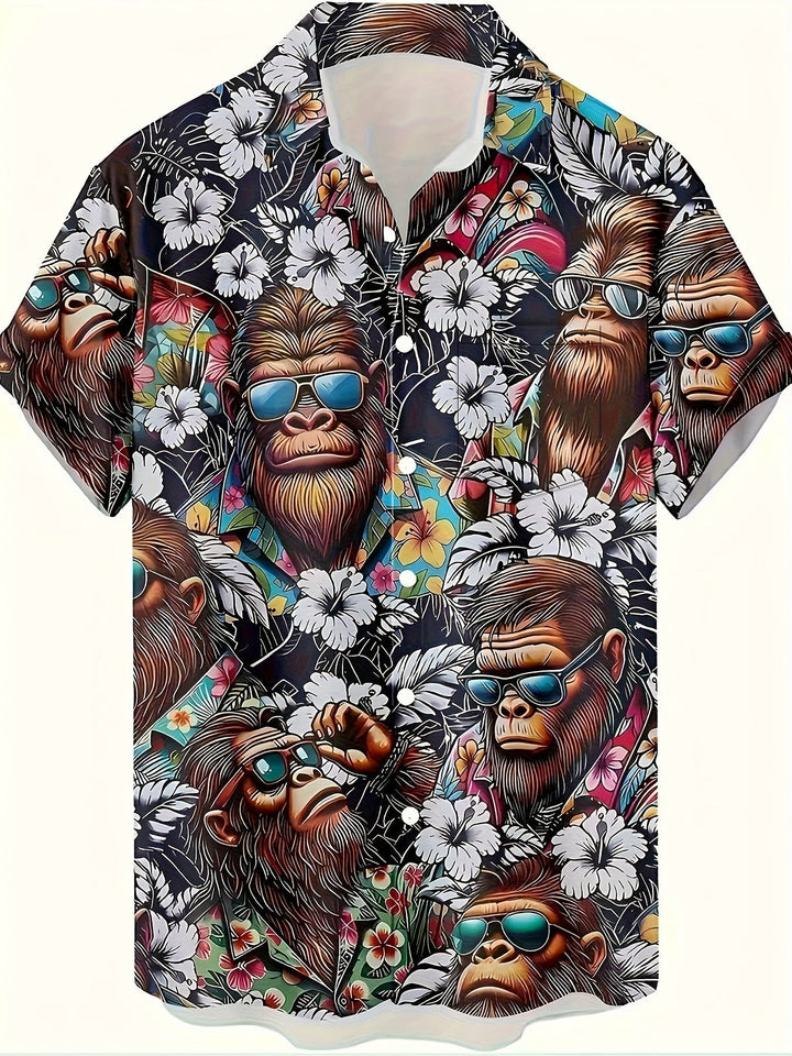Kurzärmeliges Herren Freizeithemd mit auffälligem Gorilla & tropischem Muster.