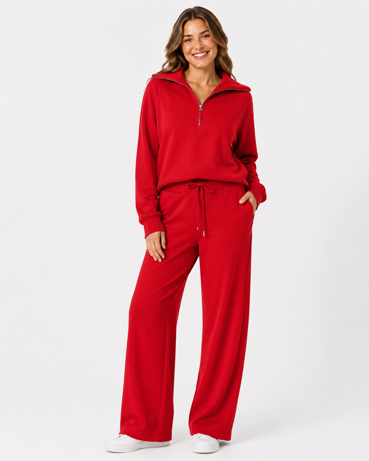 Damen Sweatshirt & Weite Hosen Set mit Reißverschlusskragen in elegantem Stil für Reise & Alltag.