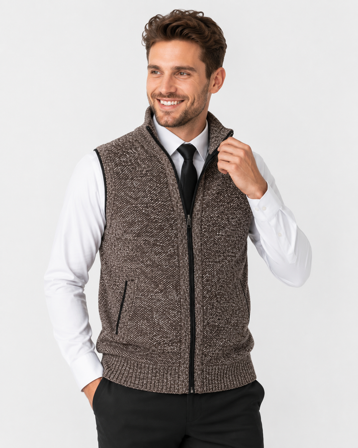 Modische Herren Strickweste aus Woll-Samt-Mix. Bequeme Business-Casual-Weste mit Reißverschluss für Männer.
