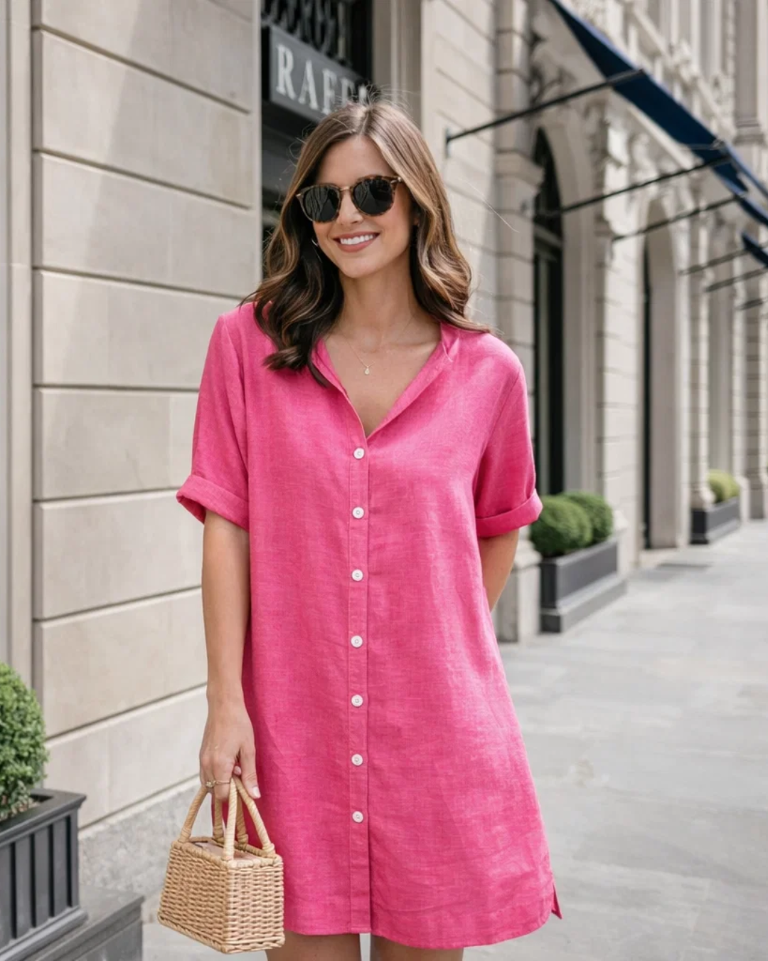 Vielseitiges Damen Sommerkleid mit V-Ausschnitt, Kurzarm & Knoten. Ideal als Reise- oder Strandkleid.