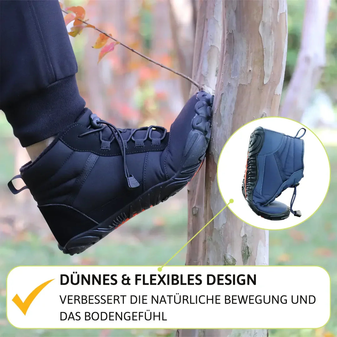 Nahaufnahme: Weite Zehenbox der Unisex Barfuß-Winterschuhe, braun, für optimale Fußgesundheit & Bewegungsfreiheit.