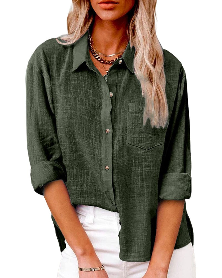 Modell trägt elegante Damen Langarmbluse, ideal für Freizeit und Herbst, mit bequemer Passform.
