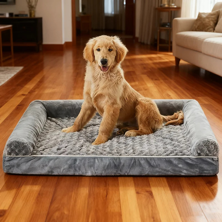 Hochwertiges orthopädisches Hundebett in Lila-Grau für grosse Hunde. Waschbares, stützendes Haustierbett.