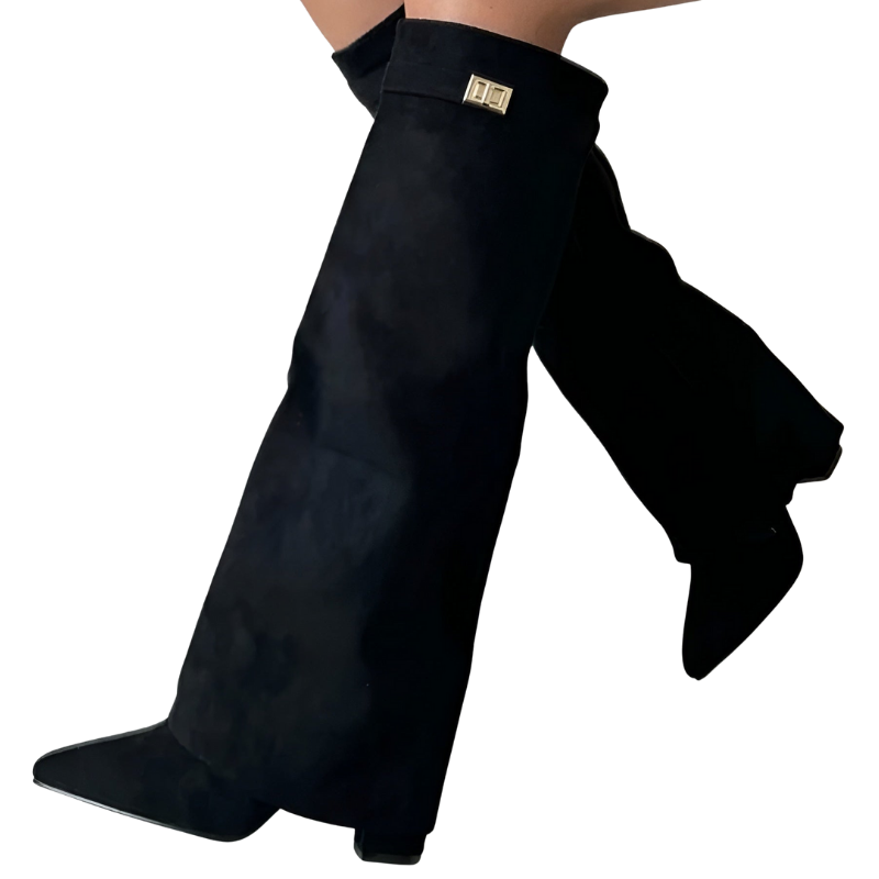 Elegante kniehohe Damenstiefel mit stabilem Blockabsatz und dekorativer Schnalle, ideal für Herbst & Winter.