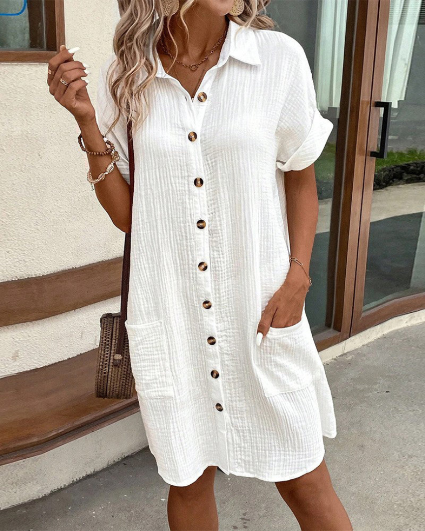 Modernes Damen Langarm Hemdkleid mit durchgehender Knopfleiste, perfekt für Frühling und Sommer.