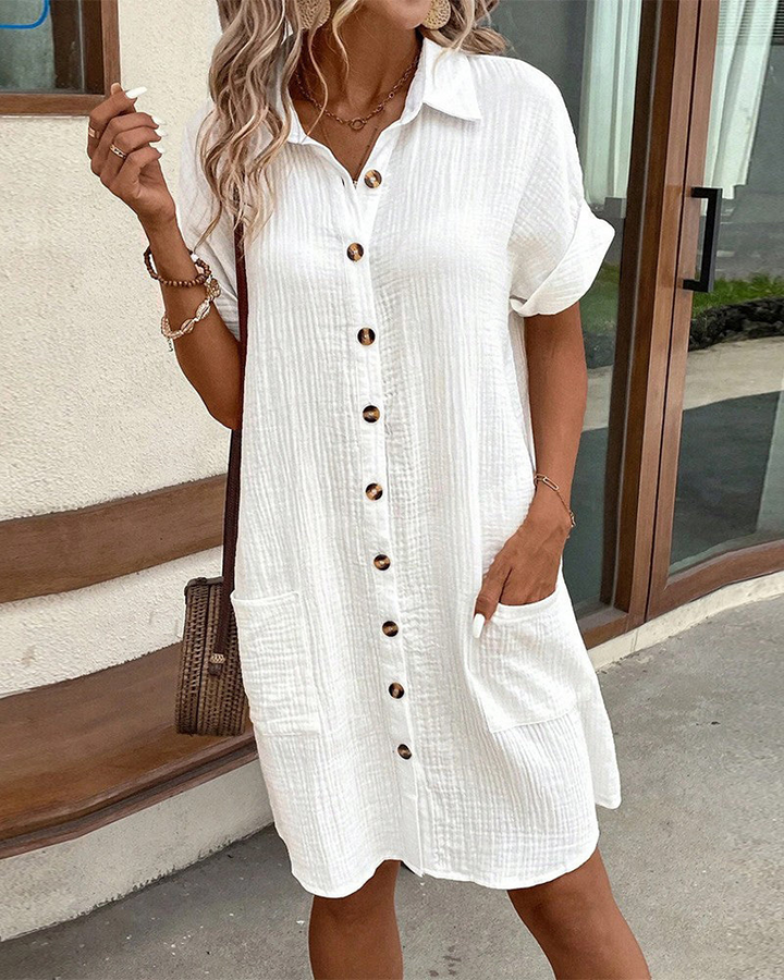 Modernes Damen Langarm Hemdkleid mit durchgehender Knopfleiste, perfekt für Frühling und Sommer.