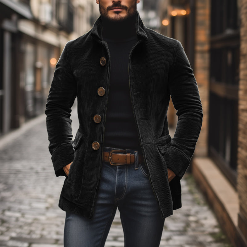 Hochwertige Herren Herbstjacke mit Stehkragen, Knopfverschluss und modernem Slimfit-Schnitt für Eleganz.