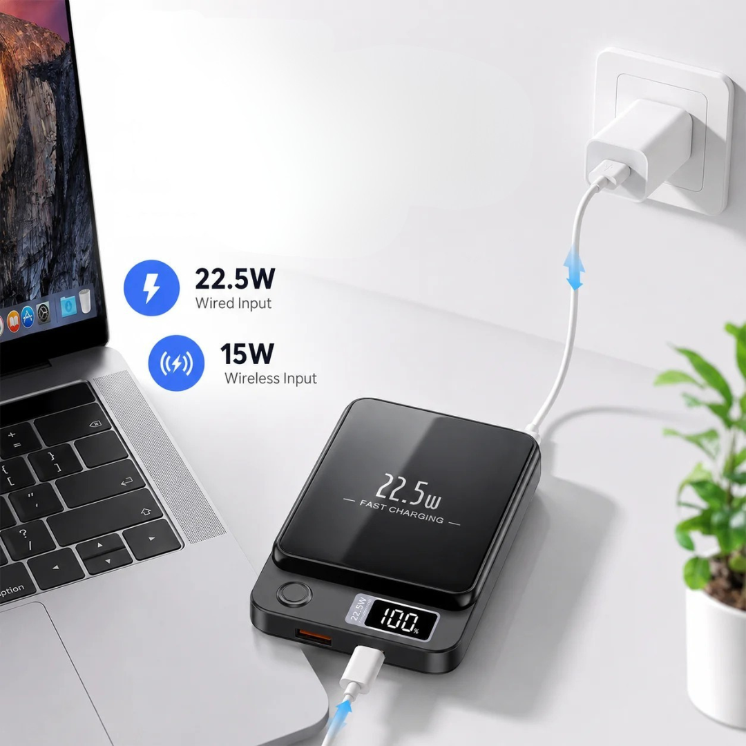 Vielseitige 20.000 mAh Powerbank: kabelloses Laden, Schnellladefunktion & Digitalanzeige für Reisen.