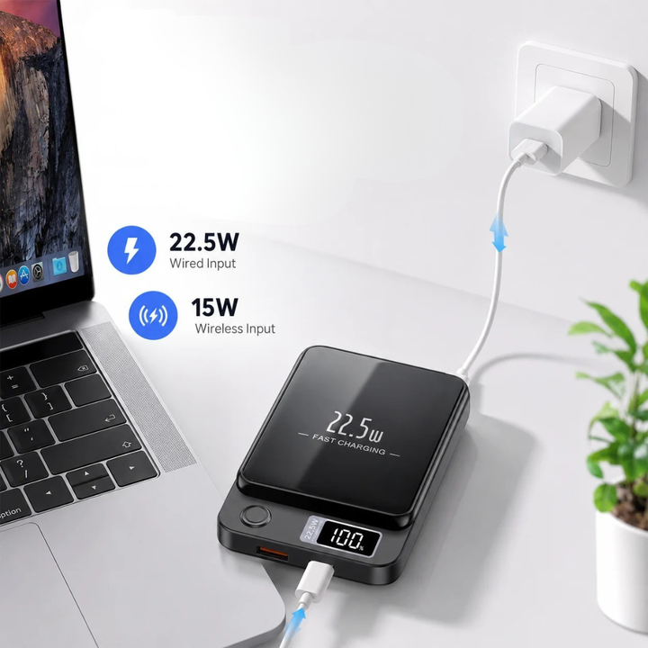 Vielseitige 20.000 mAh Powerbank: kabelloses Laden, Schnellladefunktion & Digitalanzeige für Reisen.