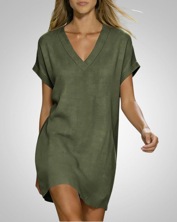 Bequemes und stilvolles Damen Midikleid mit V-Ausschnitt, ideal als Sommer- oder Freizeitkleid.