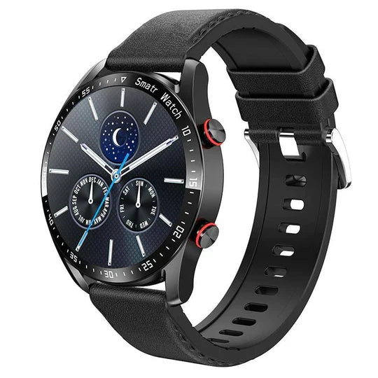 Smartwatch mit klassischem Lederarmband, vereint Stil und fortschrittliche Gesundheitsfeatures.