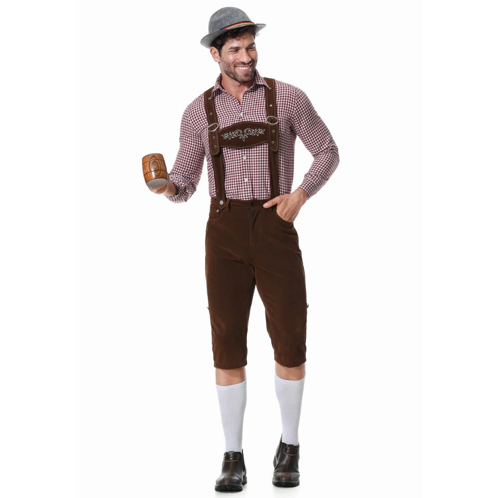 Elegantes Herren Oktoberfest Outfit. Trachten-Set bestehend aus Lederhose, Hemd und Krawatte für festliche Anlässe.