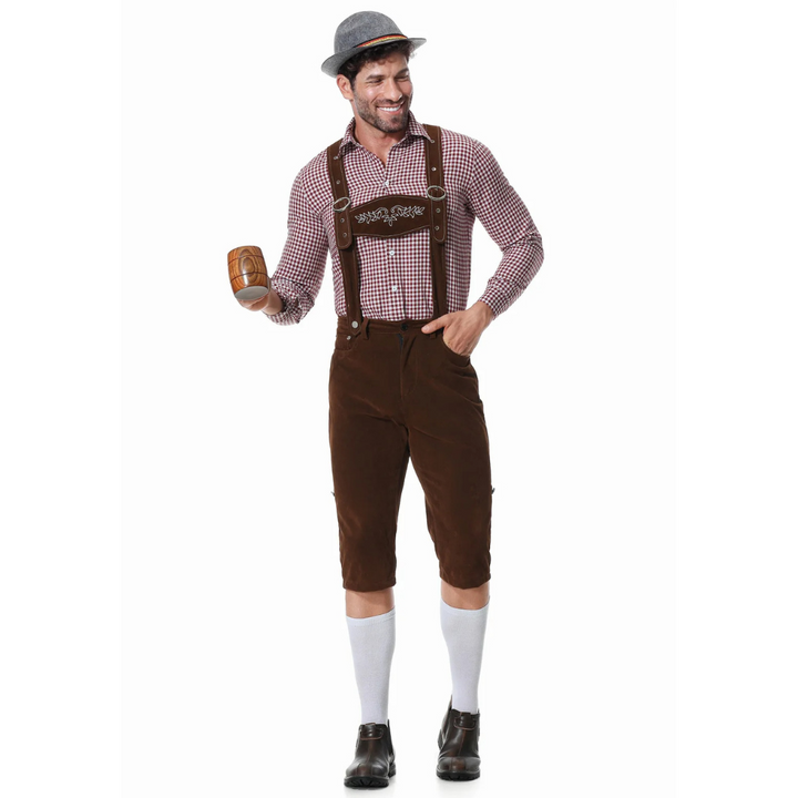 Elegantes Herren Oktoberfest Outfit. Trachten-Set bestehend aus Lederhose, Hemd und Krawatte für festliche Anlässe.
