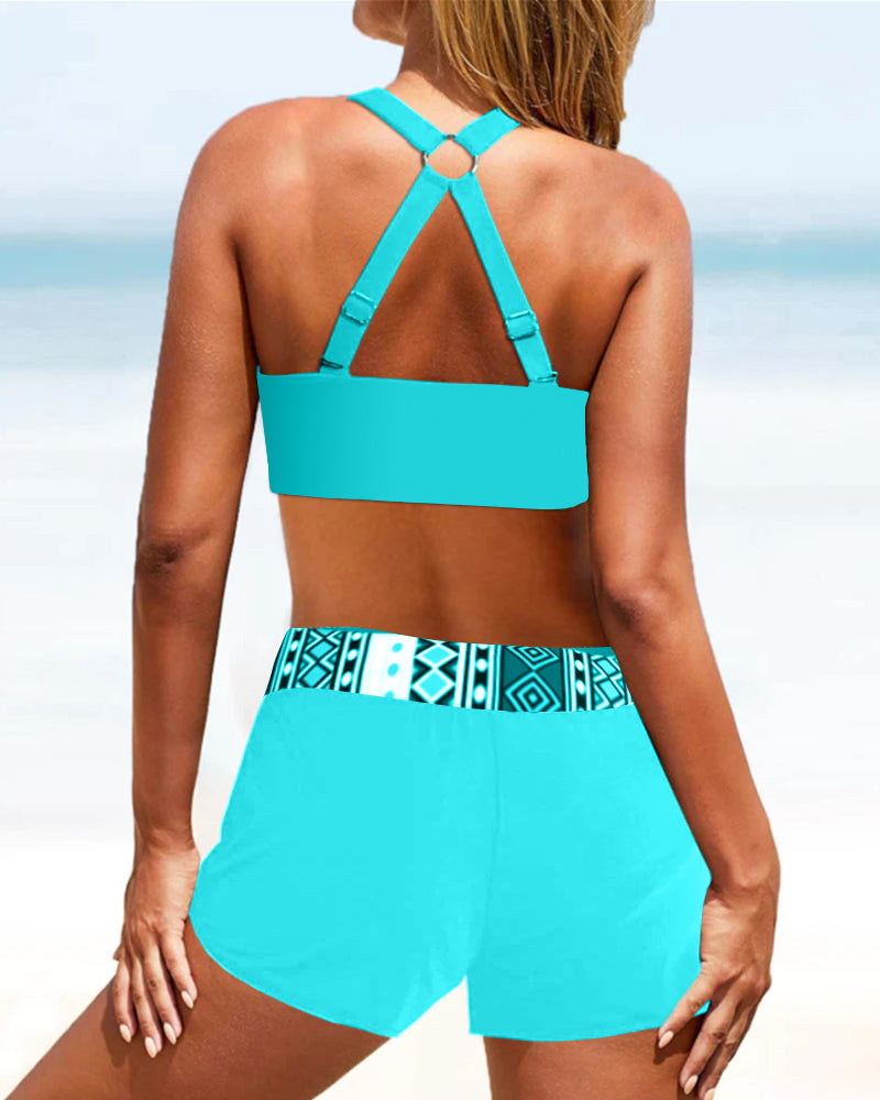 Bikini Oberteil und hoch sitzendes Höschen mit geometrischem Print, trendige Damen Bademode für den Pool.