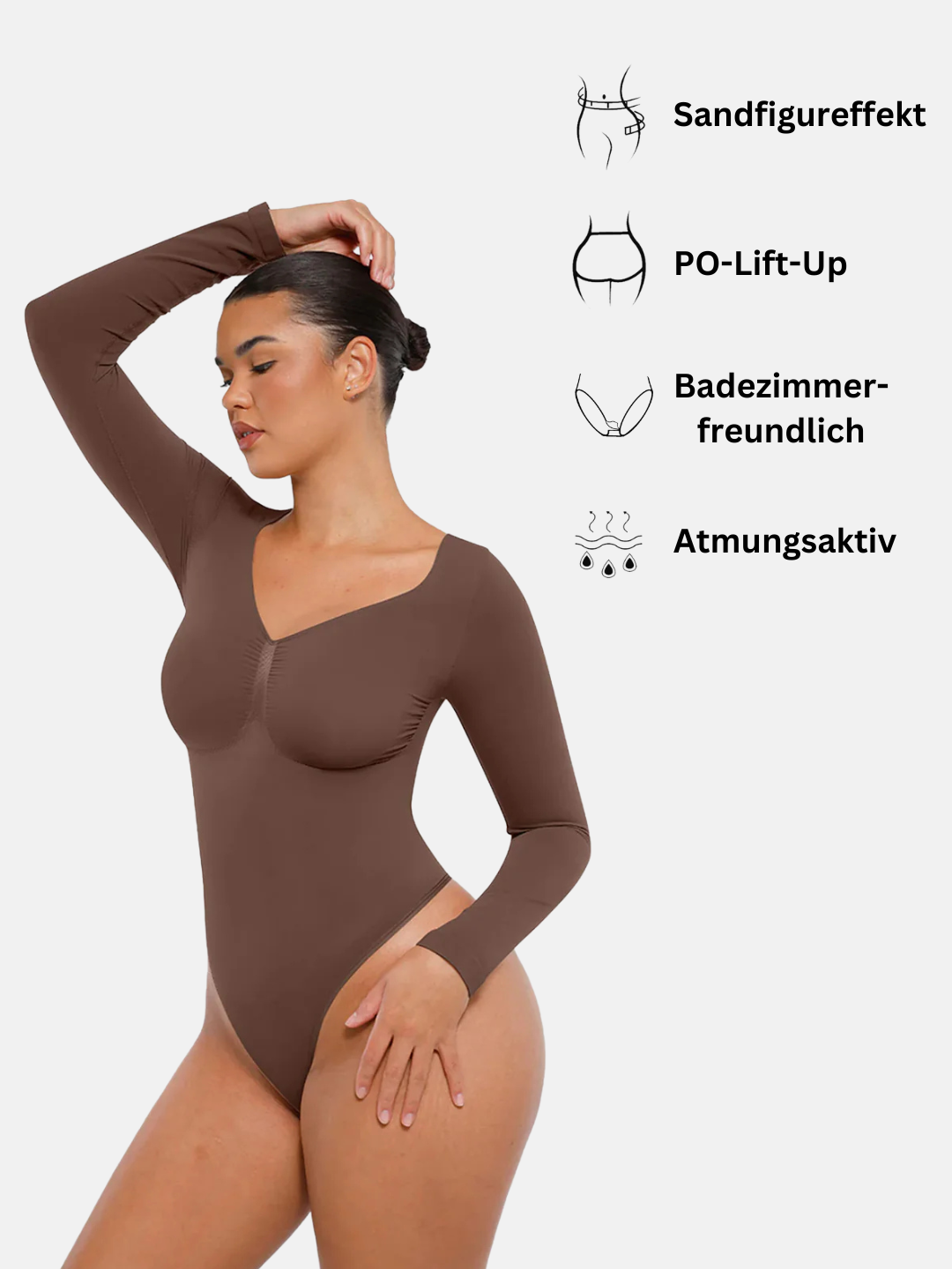 Schwarzer, figurformender Langarm Bodysuit für Damen, glättet und minimiert den Bauchbereich.