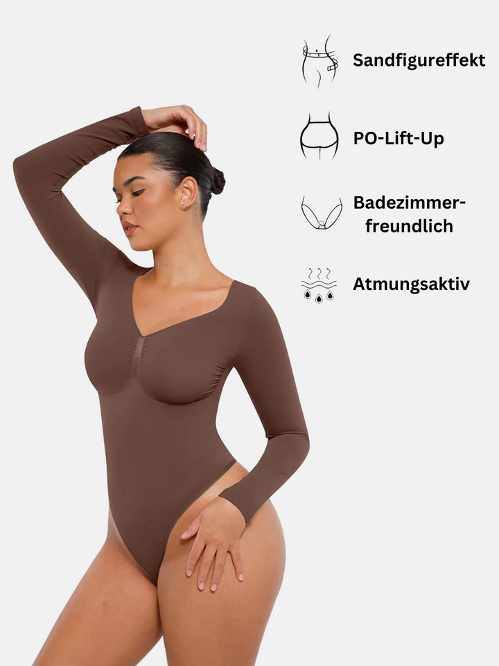 Schwarzer, figurformender Langarm Bodysuit für Damen, glättet und minimiert den Bauchbereich.