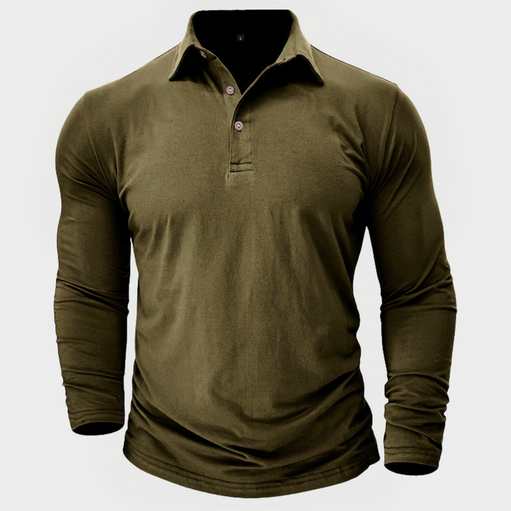Rückansicht eines Herren Langarm-Poloshirts. Zeitloses Design, als Pullover-Top perfekt für jeden Anlass.