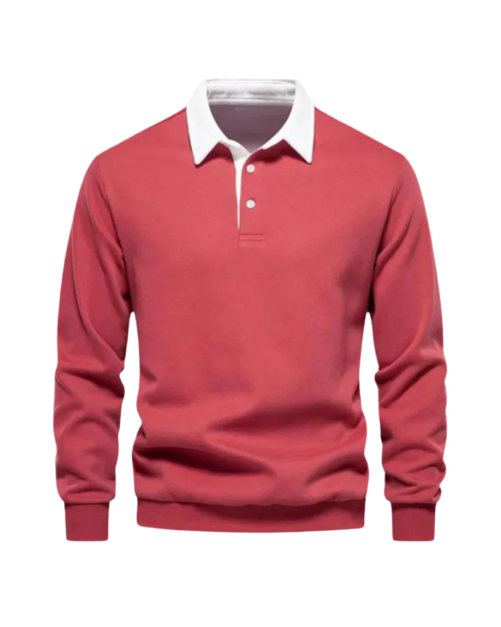 Rückenansicht des Herren Langarm Poloshirts. Bequemes, stilvolles Oberteil für Layering, Freizeit & Smart Casual.