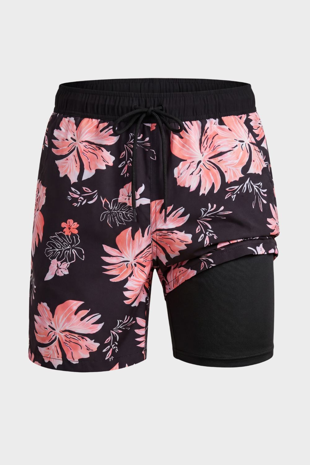 Zusammengefaltete Herren Badehose, schnelltrocknend, mit ansprechendem tropischem Design.