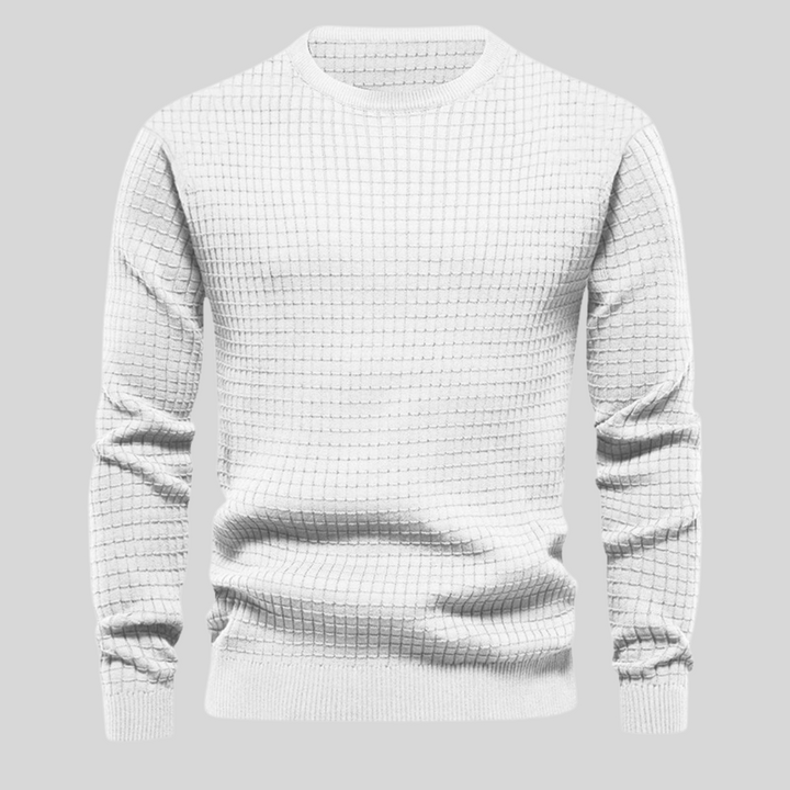 Stylischer Herren Sweater in Armeegrün mit Rundhals und Langarm, geripptem Saum. Ideal für den Winter.