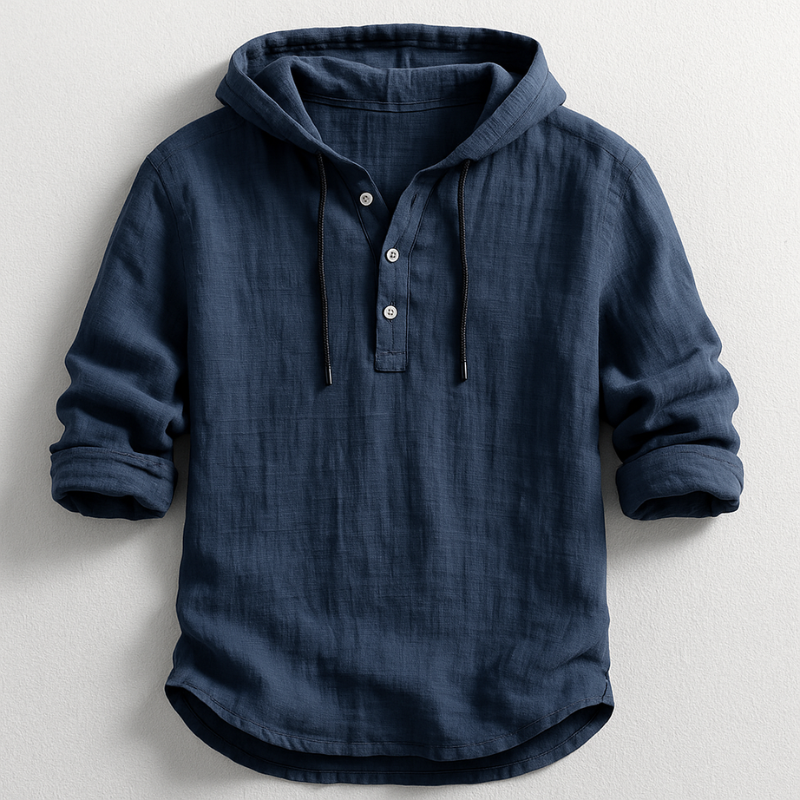 Stylisches Herren Langarm Kapuzenhemd mit abgerundetem Saum. Freizeithemd für lässige Herrenmode.
