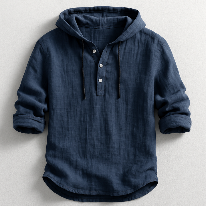Stylisches Herren Langarm Kapuzenhemd mit abgerundetem Saum. Freizeithemd für lässige Herrenmode.