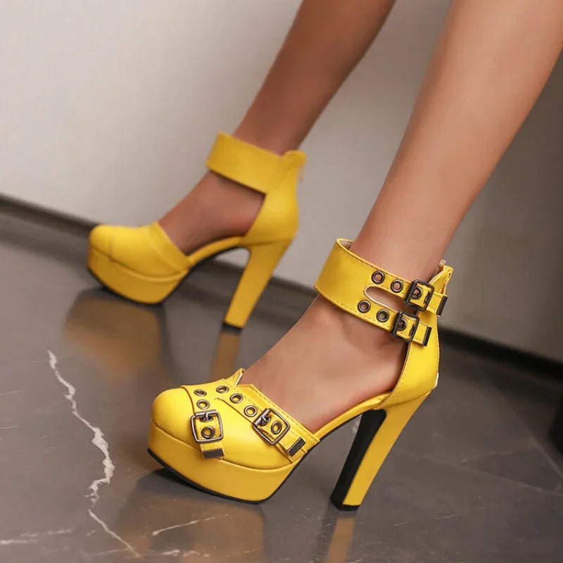 Moderne Damen High Heels mit robustem Blockabsatz & doppelten Schnallenriemen für Komfort und Eleganz.