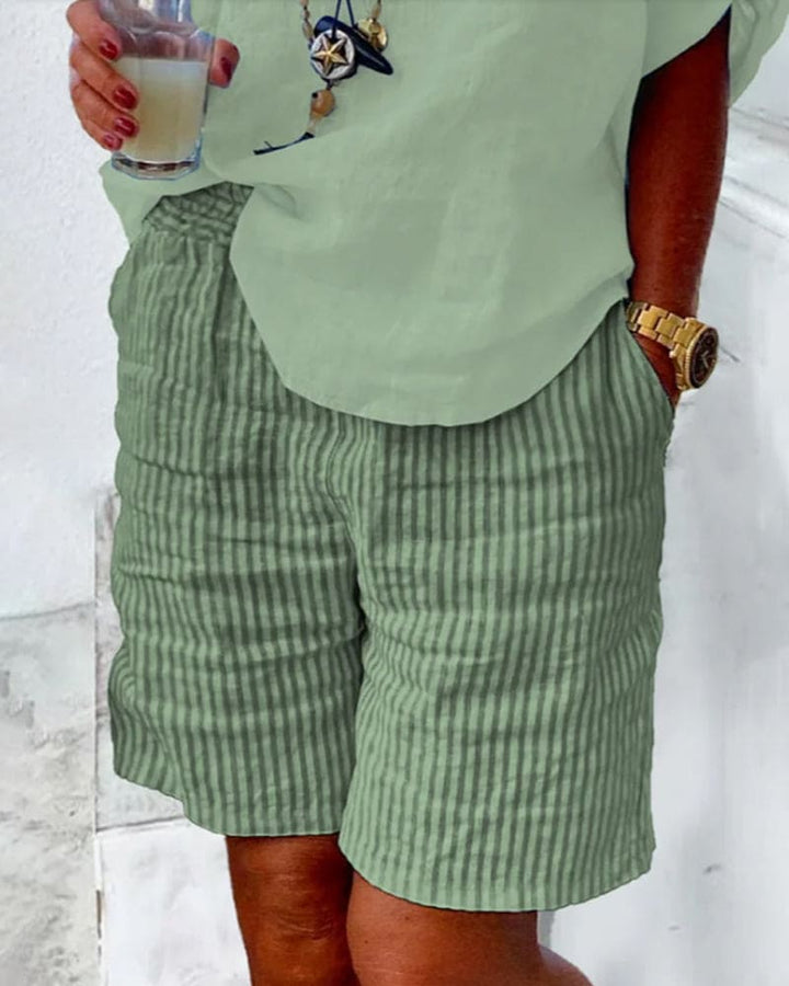 Moderne gestreifte Damen-Shorts für den Sommer; atmungsaktive Baumwoll-Leinen kurze Hose mit Gummibund.