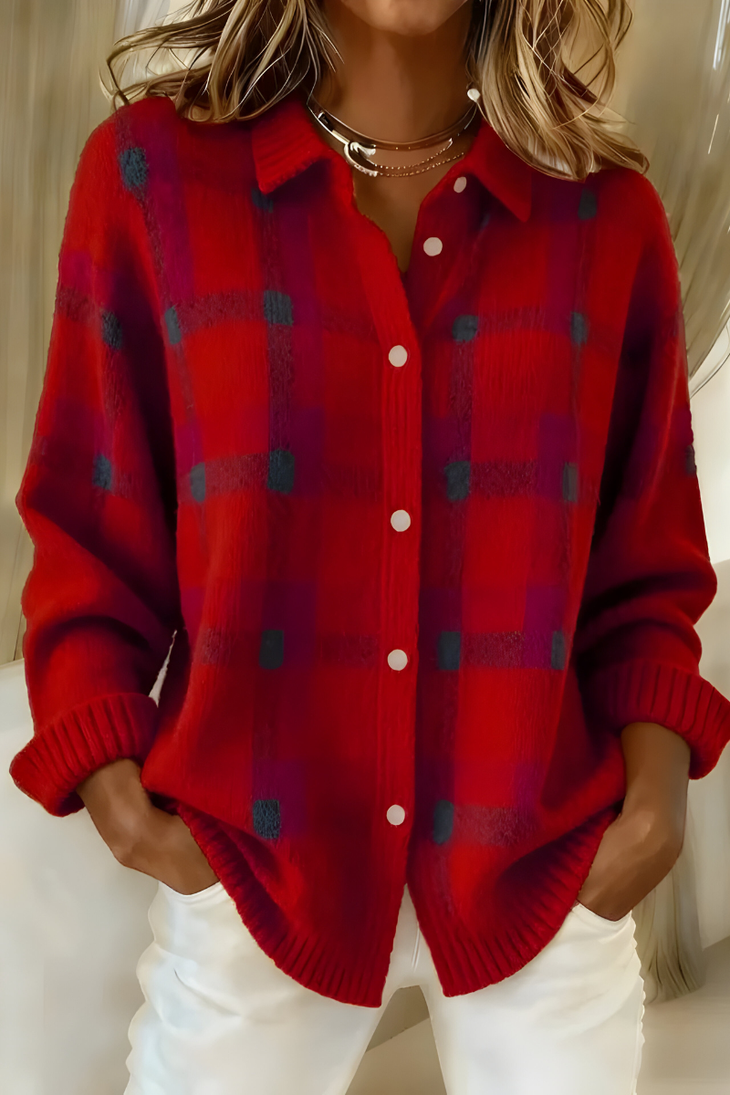 Rosa Damen Strickcardigan mit Karomuster, stilvolle Oberbekleidung für kühle Abende.