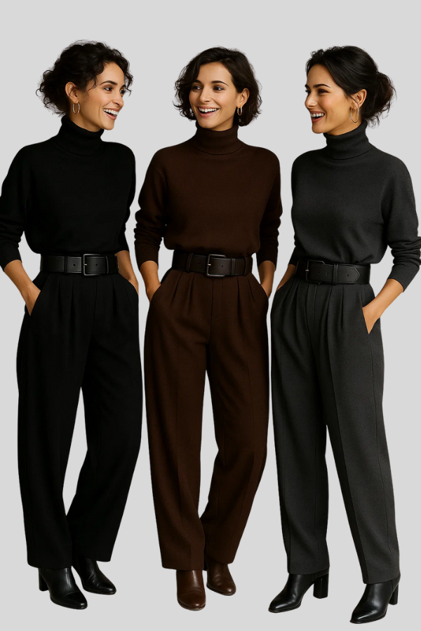 Eleganter Damen Jumpsuit in Grau mit hohem Hals, weitem Bein und Gürtel. Zeitloser Look für jeden Anlass.